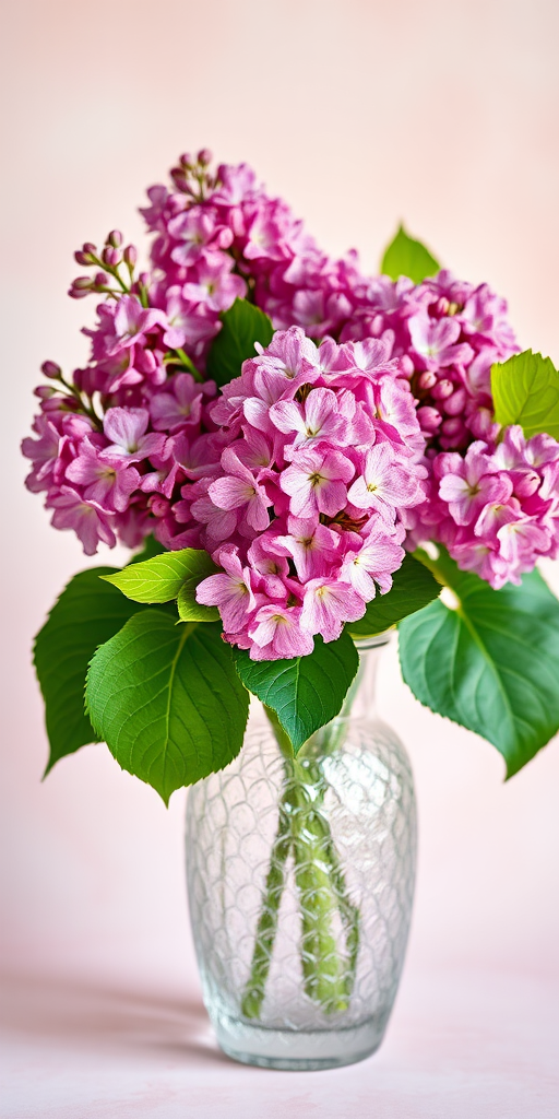 vibrant bouquet of lilacs in a textured glass vase, soft pastel background, high-resolution, f/2.8 aperture, ISO 100, 50mm lens, natural light, shallow depth of field