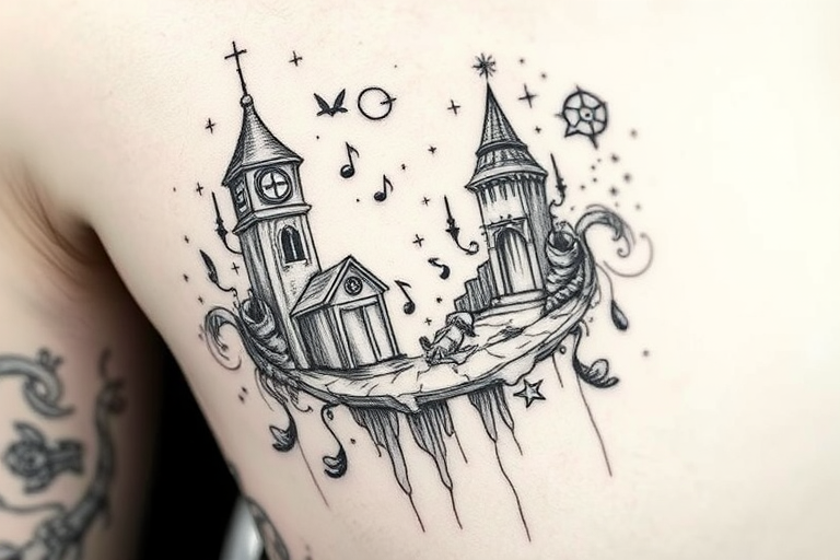 Sketch-style tattoo called "Artistic Reverie" resembling a loose, hand-drawn illustration with expressive line work and crosshatching, incorporating elements of surrealism and whimsical imagery in black and gray tones