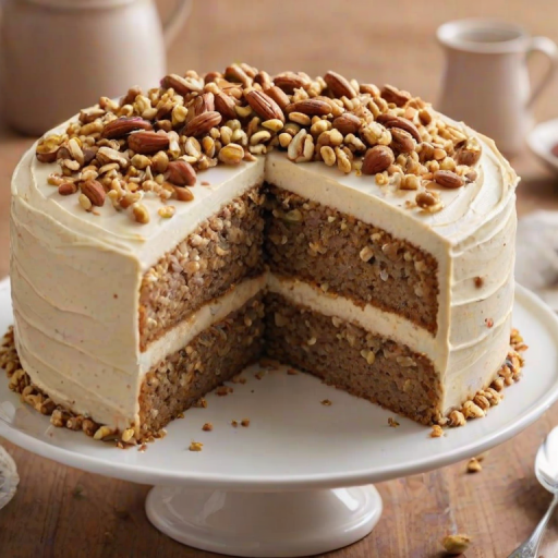 Generate an image of a layered cake with a rich frosting, topped with crushed nuts. The cake should have several visible layers, and a slice should be served on a plate, showcasing the inside. The background should be a light, neutral color to highlight the cake's details.