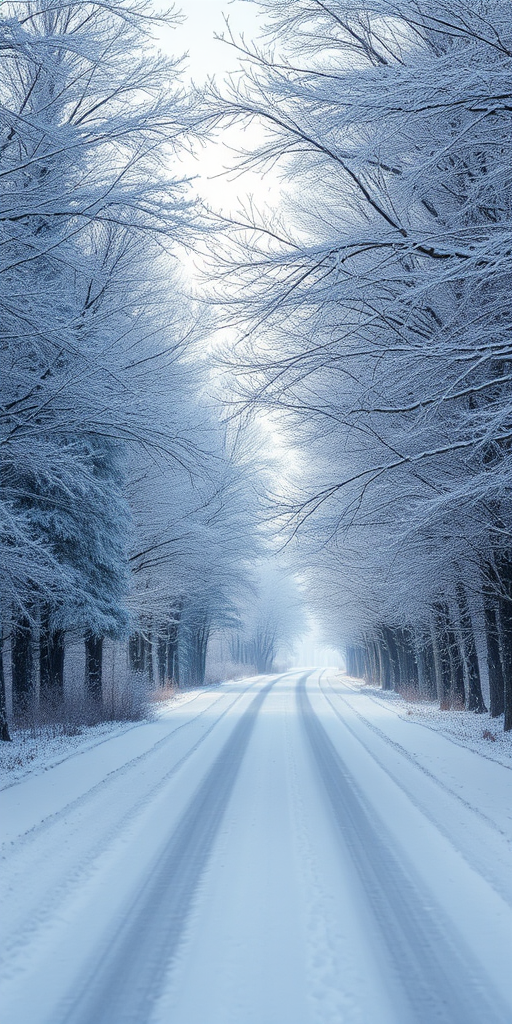 Create a snow-covered winter landscape with frosted trees lining a snowy road, soft natural light, focal length of 24mm, aperture set to f/8, ISO 100, tripod-mounted DSLR with a wide-angle lens to enhance image detail and clarity.