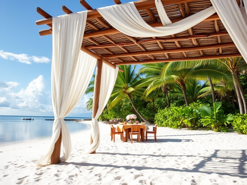 Create a picturesque tropical beach scene featuring a serene, white sandy shore. In the foreground, there's a rustic wooden canopy with white drapes gently flowing in the breeze. Underneath the canopy, a table is set with tropical decor, evoking a sense of relaxation and leisure. The beach extends into a calm, shallow water area with reflections of the sky and surroundings. Palm trees and lush greenery line the edge of the beach, providing a natural, tropical backdrop. The sky is clear with a few scattered clouds, and the overall atmosphere is tranquil and inviting, perfect for a peaceful retreat.