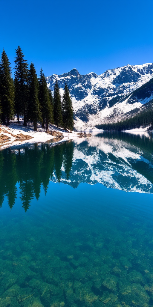 Sharp, high-resolution photo of a pristine mountain lake, the surface of the water mirror-like, reflecting the snow-capped peaks and clear blue sky, tall pine trees lining the shore, soft ripples in the water from a gentle breeze.