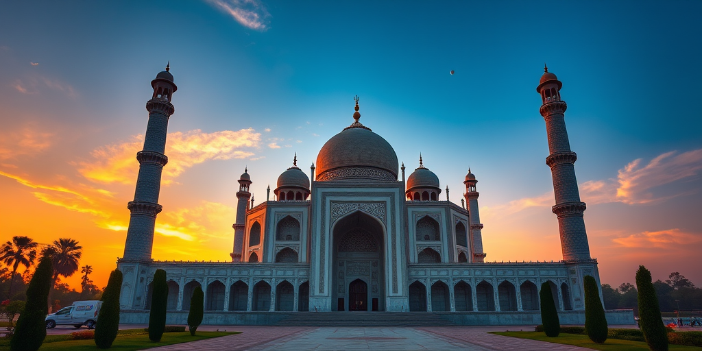 Capture a serene sunrise view of a grand white marble mausoleum with intricate designs and towering minarets, shot with a DSLR camera at f/8 aperture, ISO 100, 24mm focal length, golden hour lighting, and HDR style for enhanced detail and contrast.