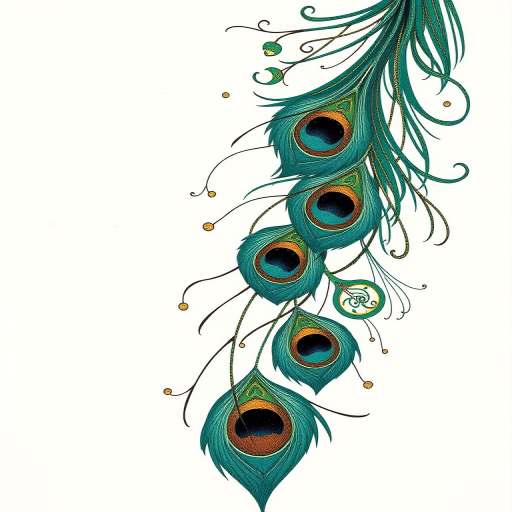 Art nouveau-inspired peacock feather design trailing down spine, flowing curves and elegant lines in teal, emerald, and gold ink