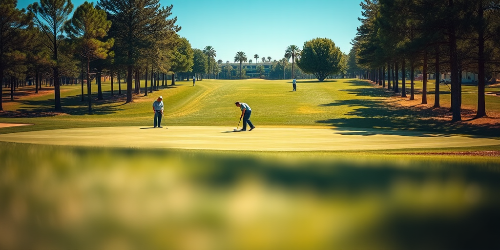 Regenerate an image of a golf course with several players putting on a green, captured in a bright afternoon setting with a shallow depth of field, using a DSLR camera at f/4 aperture, 1/500 shutter speed, ISO 200, and a 24-70mm lens from a low angle perspective.