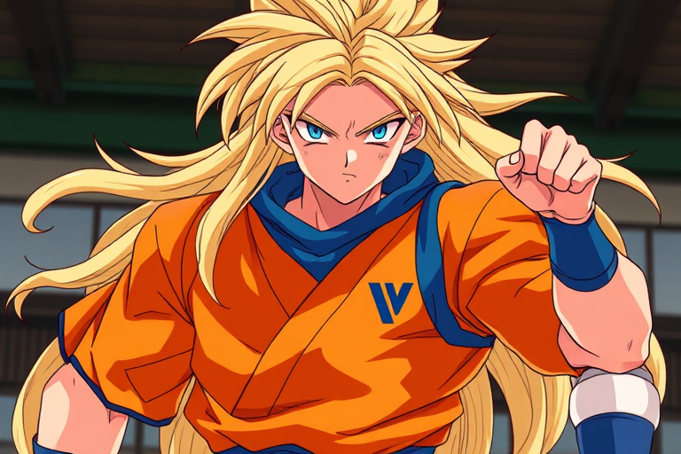 Create a high-resolution digital illustration of a powerful anime character with long blonde hair wearing a bright orange and blue fighting outfit, captured using a DSLR camera at f/2.8 aperture, 50mm lens, in bright natural lighting with a slight low-angle perspective to emphasize the character's strength.
