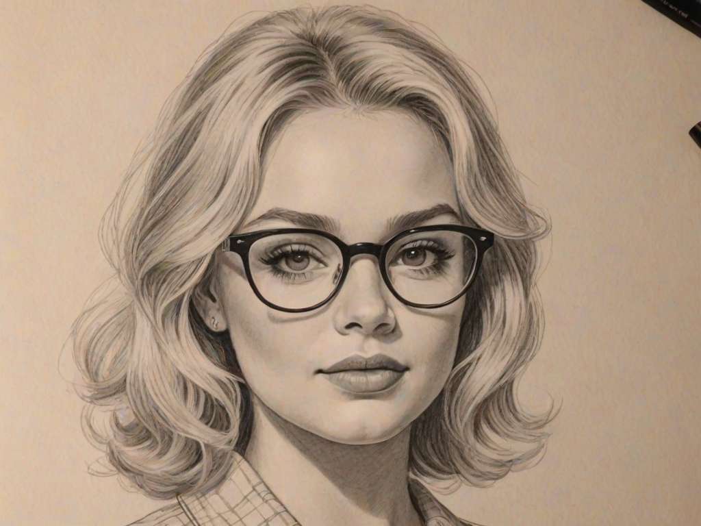 Bewitching Natalie Alyn Lind, pencil sketch, portrait of Delightful woman 1958s in glasses, hair style beatnik, outline, clear lines, fine lines, 8k