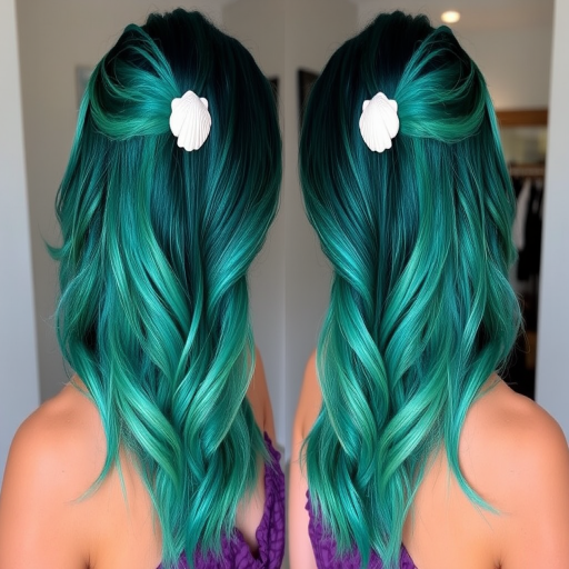 Dramatic silhouette showcases Emerald Mermaid waist-length hair, deep teal base color with lighter sea-green highlights, styled in loose mermaid waves with seashell accessories