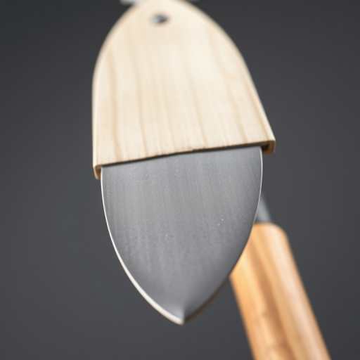 illustration of a gardening trowel with a wooden handle and sharp blade, high resolution, 4K quality, macro view, using a DSLR camera with f/2.8 aperture, ISO 100, shutter speed 1/200s, studio lighting for enhanced detail and color vibrancy