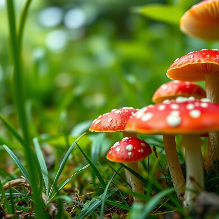 Create a detailed illustration of vibrant red mushrooms with white spots in a lush green environment, captured from a low angle view with a macro lens, using a DSLR camera set at f/2.8, ISO 100, and a shutter speed of 1/200s for enhanced depth of field and clarity.