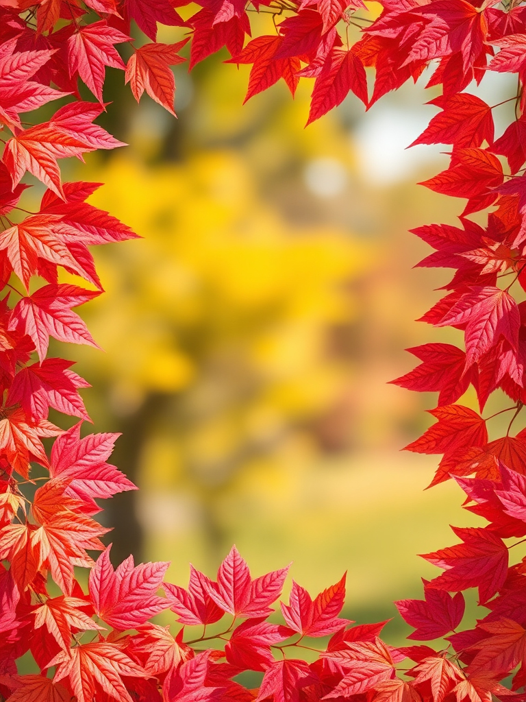 Create a vibrant autumn-themed image featuring a border of colorful leaves in shades of red, orange, and pink surrounding a rectangular empty frame, shot with a DSLR camera, 50mm lens, f/1.8 aperture, using a macro view to enhance detail and clarity, in bright natural lighting.