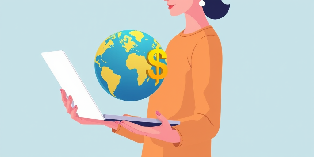 Create an illustration of a person holding a laptop, with a stylized globe featuring a dollar sign above it, using a high-resolution digital art style, 50mm lens, f/2.8 aperture, in a vibrant color palette, with soft lighting and a flat background for emphasis.