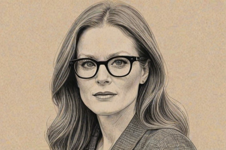 Dazzling Julianne Moore, pencil sketch, portrait of Comely woman 1949s in glasses, hair style beatnik, outline, clear lines, fine lines, 8k