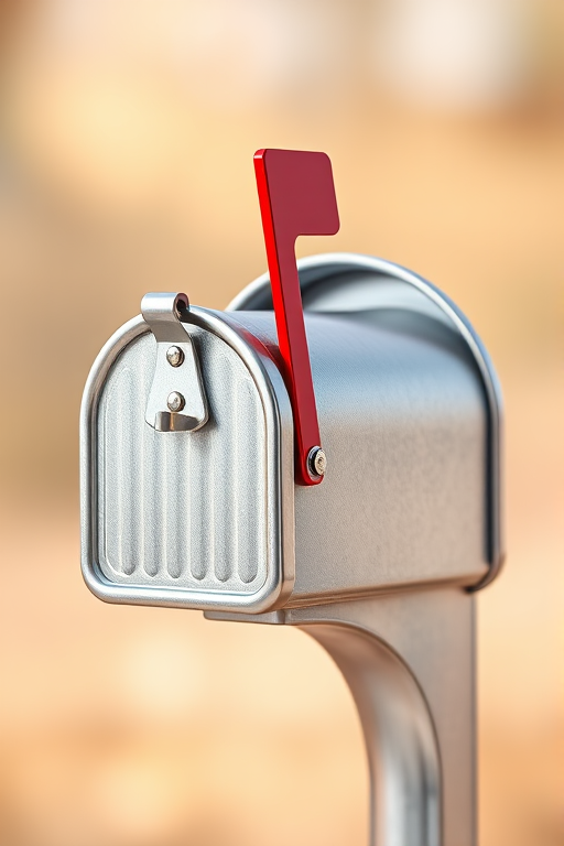 Create a high-resolution 3D illustration of a mailbox with a metallic silver finish and a bright red flag, set against a soft-focus background, using a DSLR camera with a 50mm lens, f/2.8 aperture, ISO 100, and a shallow depth of field to enhance details and contrast.