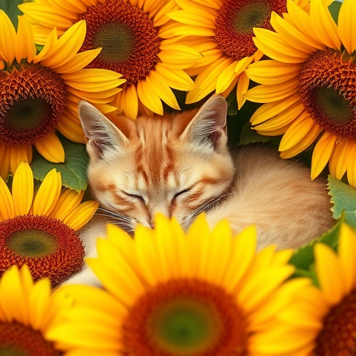 A sleepy orange tabby cat curled up among vibrant sunflowers, captured with a DSLR camera at f/2.8, 50mm lens, natural light, shallow depth of field, high saturation.