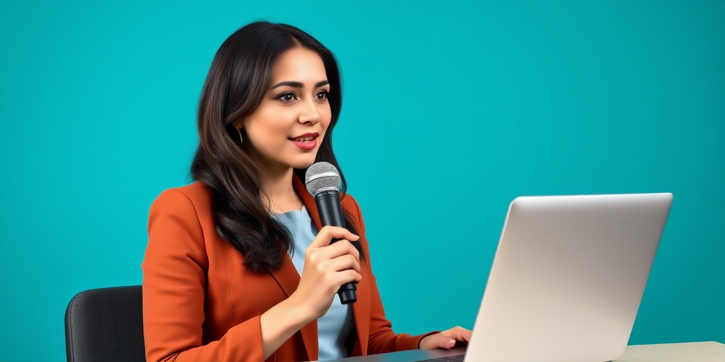 Create an image of a female reporter with dark hair, holding a microphone and speaking, positioned in front of a laptop, set against a solid teal background, using a DSLR camera at f/2.8 aperture, 50mm lens, natural lighting, and a high-resolution setting.