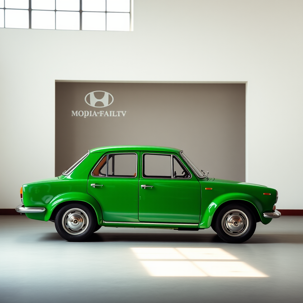 Generate a high-quality image of a vintage green car in a studio setting, with soft natural lighting, shot with a DSLR camera at f/2.8 aperture, 35mm focal length, ISO 100, and a slight tilt-shift effect for depth.