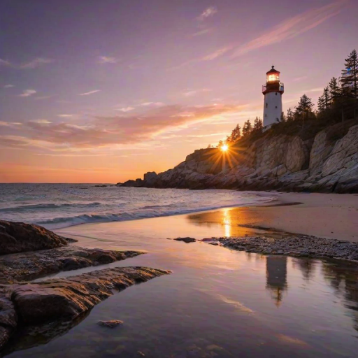 Generate an image of a tall lighthouse perched on a rocky outcrop surrounded by calm ocean waters during a breathtaking sunset. The lighthouse stands sturdy and weathered, its stone surface illuminated by the warm golden light of the setting sun. The sun's rays pass directly through the glass lantern room at the top of the lighthouse, casting a brilliant light across the scene. The sky is painted with vibrant shades of orange, pink, and purple, reflecting off the tranquil sea. The surrounding water shimmers with the same warm hues, creating a serene and majestic atmosphere.