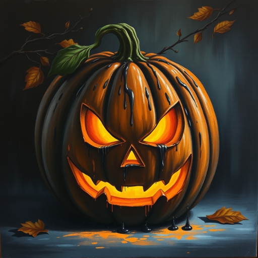 Create a dark and moody painting of a carved pumpkin with a sinister smile glowing from within set against a shadowy background with hints of autumn leaves and branches. The pumpkin should have a glossy texture with drips of paint to suggest rain or moisture, and the overall color palette should include deep oranges, blacks, and muted grays to evoke a Halloween atmosphere.