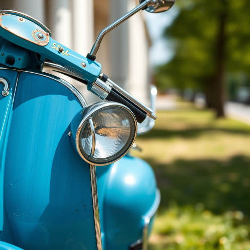 Capture a vintage blue scooter from a side angle, using a DSLR camera with a 50mm lens, aperture set to f/2.8 for a shallow depth of field, ISO 100 for clarity, and a bright natural light setting to enhance colors and details.