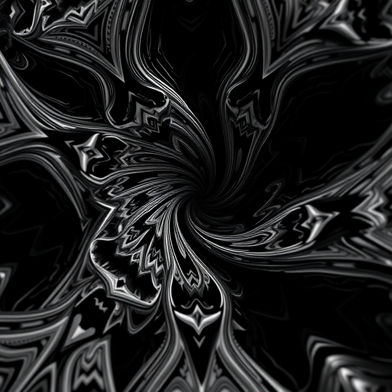 Generate a high-contrast monochrome abstract design with intricate patterns, sharp edges, and smooth gradients, taken with a Canon EOS R5 at f/8, ISO 100, 50mm lens, in a close-up view, utilizing HDR style for enhanced depth and clarity.