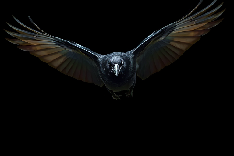 a high-resolution close-up image of a crow in mid-flight against a dark background, capturing intricate feather details and vibrant colors, camera settings: ISO 400, aperture f/5.6, shutter speed 1/1000s, camera view: bird's-eye view, camera style: vivid color enhancement, camera type: DSLR