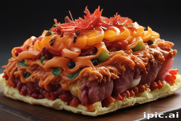 A Whimsical Layered Dish Combining Pasta, Meat, and Colorful Toppings ...