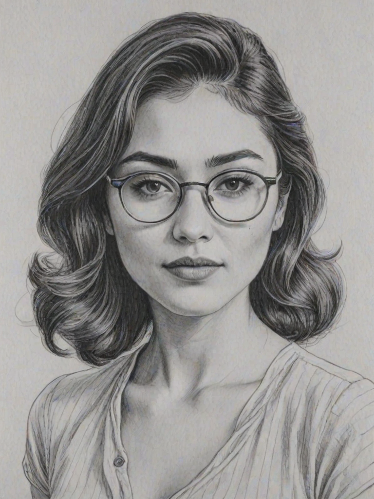 Pleasing Daniella Pineda, pencil sketch, portrait of Splendid woman 1942s in glasses, hair style beatnik, outline, clear lines, fine lines, 8k