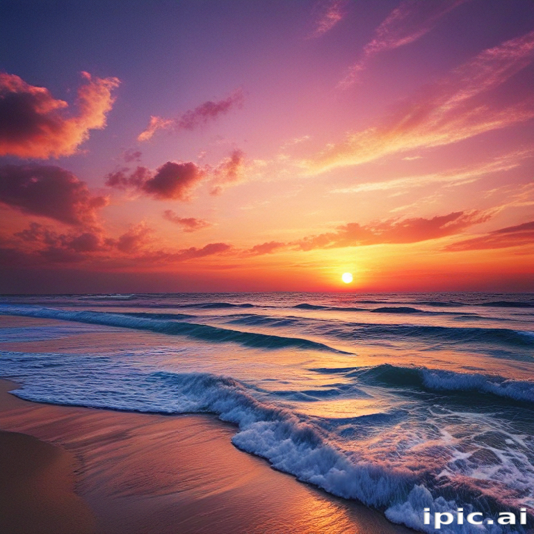 Stunning Sunset Over Tranquil Ocean Waves and Colorful Sky Reflections