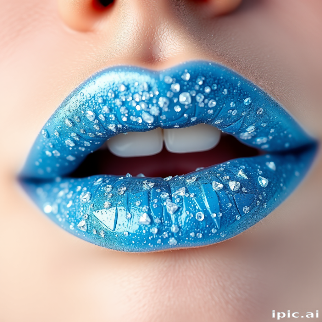 Frosty ice blue lips sparkle with tiny crystals, evoking a winter wonderland aesthetic and adding a touch of magic to any beauty look