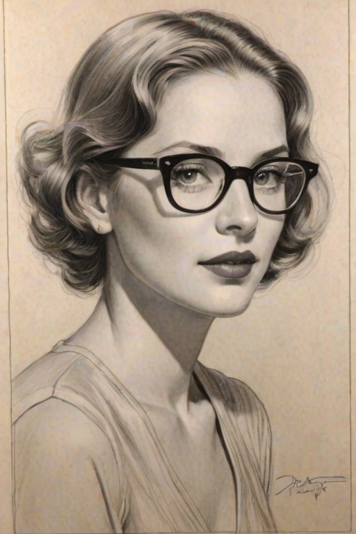 Exquisite Diane Wiest, pencil sketch, portrait of Dazzling woman 1934s in glasses, hair style beatnik, outline, clear lines, fine lines, 8k