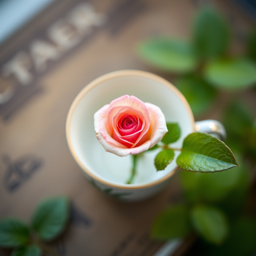 Capture a close-up of a delicate rose in a tea cup with a leaf, using a DSLR camera, 50mm lens, f/2.8 aperture, ISO 100, natural light, and a shallow depth of field for a soft background.