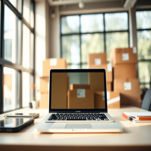 A modern workspace featuring a sleek laptop with open screen focus and several cardboard boxes in the background, soft natural light streaming through large windows, captured with a Canon EOS R5, 50mm lens, f/1.8 aperture, ISO 100, and a shallow depth of field for enhanced detail and clarity.