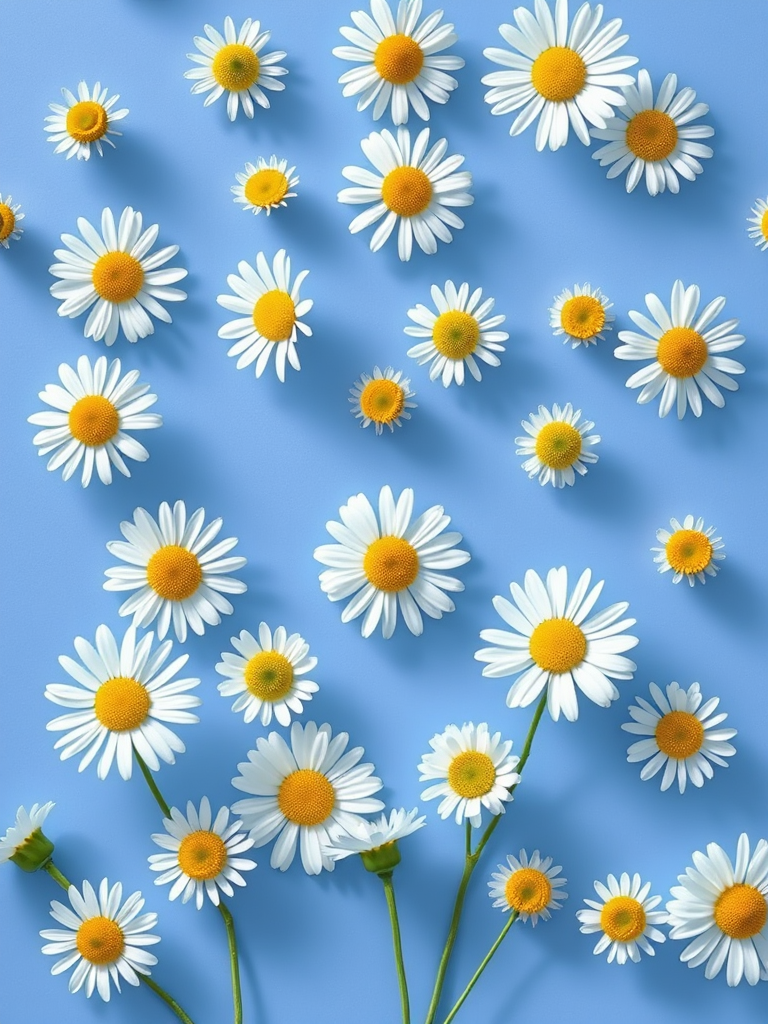 Create a high-resolution seamless pattern of white daisies on a soft blue background, captured with a Canon EOS R5 at f/8, ISO 100, 50mm lens, in natural light for enhanced clarity and color vibrancy.