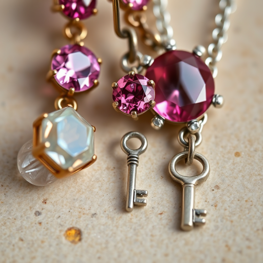 Close-up shot of vintage jewelry featuring sparkling earrings with pink gemstones and a delicate silver necklace with a key pendant, natural lighting, aperture f/2.8, ISO 100, 50mm lens, macro photography, DSLR camera.