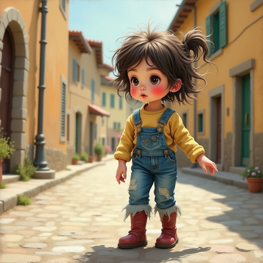 Whimsical little 3-year-old girl wearing scruffy tomboy clothes, boots, messy hair heavily blushed cheeks, pink lips, closely dancing in the street of an Italian village,Textured painterly fantasy artistic mixed media