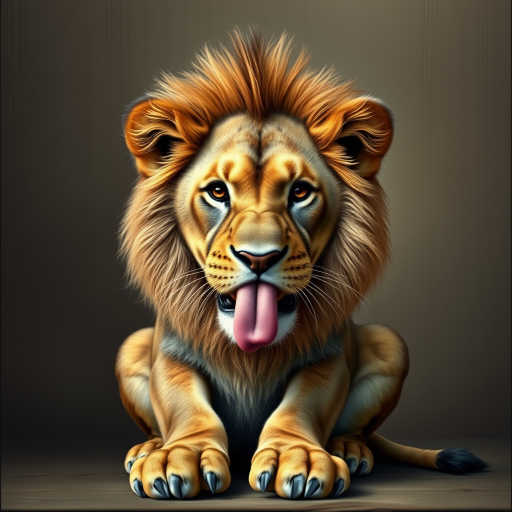 photorealism. a lion, sitting, doing duck face with its lips. plain wood panel bg