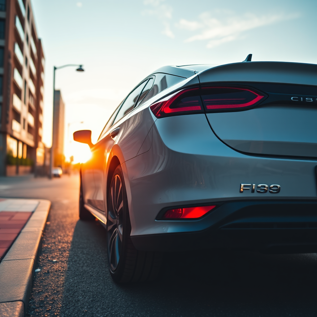 Create a high-resolution image of a modern car parked in an urban street setting during golden hour, shot with a DSLR camera, aperture f/2.8, shutter speed 1/200 sec, ISO 100, using a wide-angle lens at a low angle view for enhanced perspective.