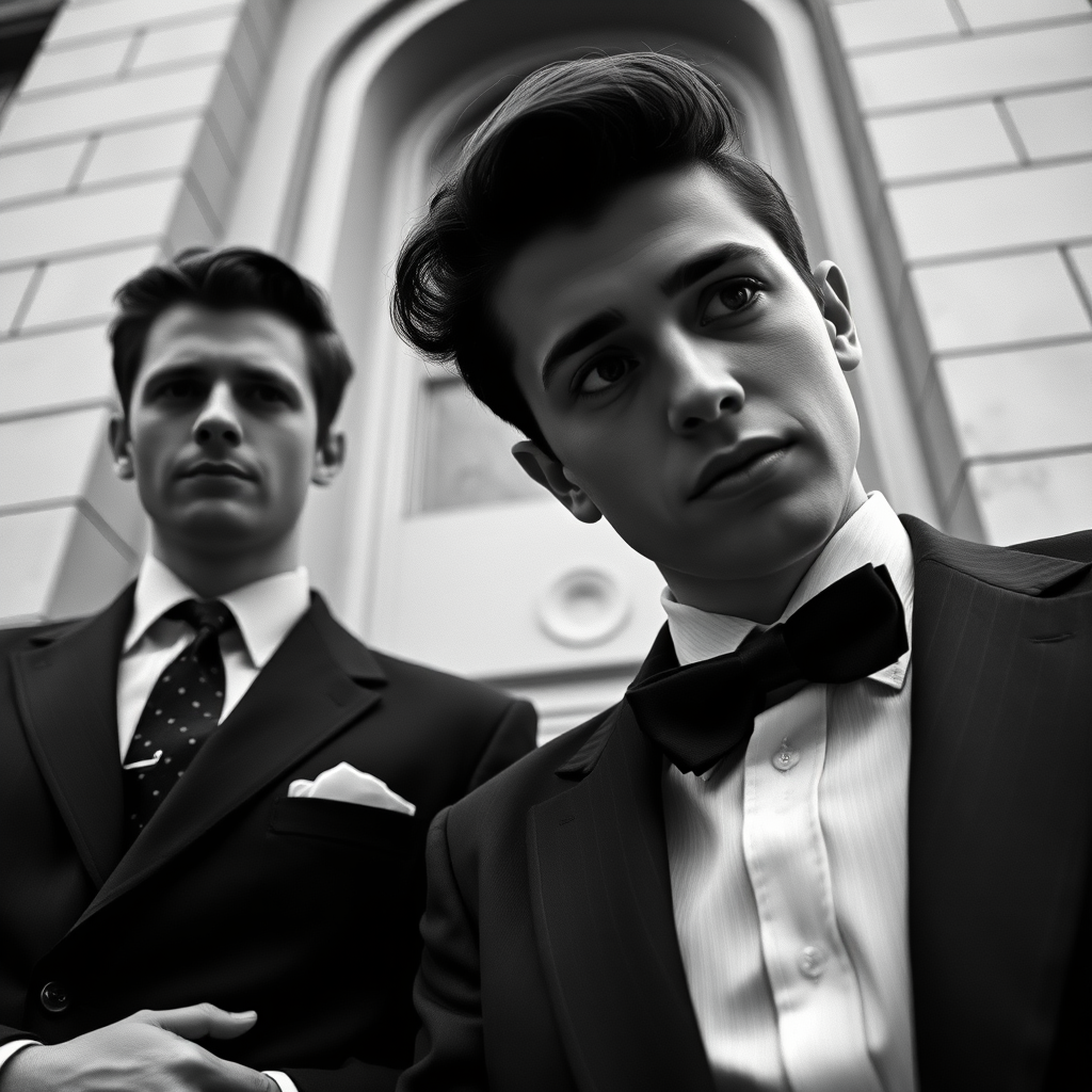 Black-and-white photograph, couple, tailored suits, retro hairstyles, film noir style, Tilt the camera for a dynamic Dutch angle using a versatile 24-70mm lens