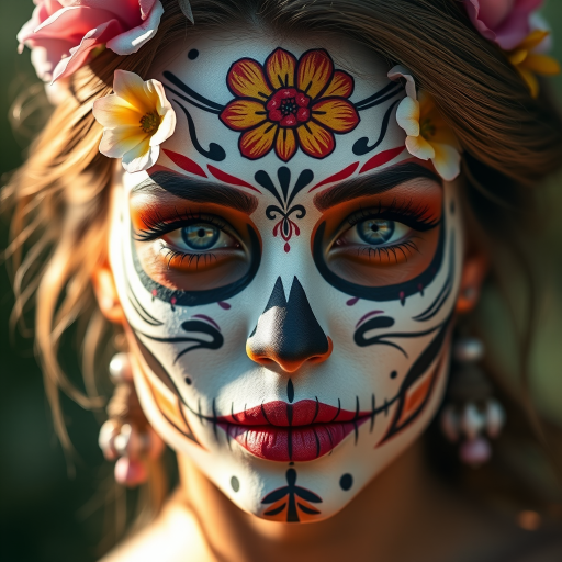 Create a highly detailed digital illustration of a woman with a sugar skull face paint adorned with flowers, using a high-resolution 4K setting, 50mm lens, f/1.8 aperture, soft natural lighting, and a slightly angled frontal view to enhance facial features and floral details.