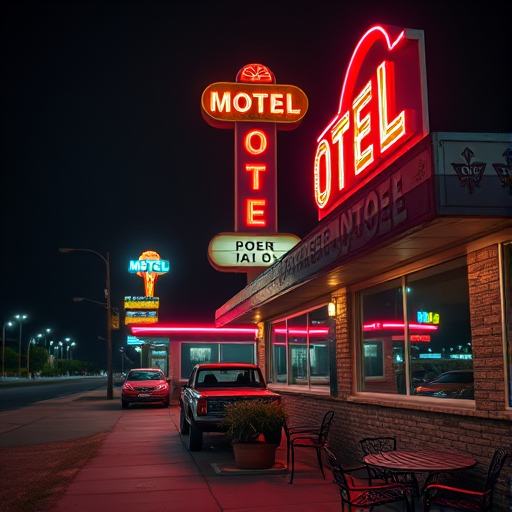 Capture a nighttime scene of a vintage motel with neon lights, featuring a detailed foreground and background, using a DSLR camera with a 24mm lens, aperture f/2.8, ISO 800, and a long exposure of 2 seconds for enhanced vibrancy and clarity.