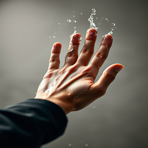 Generate a high-quality vector-style image of a stylized hand with water droplets splashing, using a Canon EOS 5D Mark IV camera, f/4 aperture, 1/250s shutter speed, ISO 100, viewed from a slightly elevated angle, in a soft-focus artistic style.
