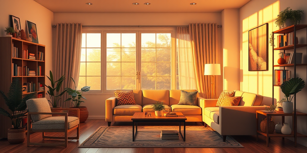 Create a high-resolution illustration of a cozy living room with warm lighting, featuring a comfortable sofa, a coffee table, and bookshelves, shot with a Canon EOS R6, 35mm lens, f/2.8 aperture, at ISO 200, in natural light during golden hour for enhanced warmth and detail.
