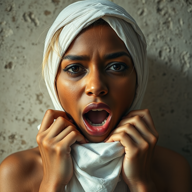 Create a close-up photographic image of a Indo-Caribbean woman with light skin tones shown against an old, worn wall. Their head is wrapped in a white cloth covering (i.e.... parts of the head except the nose and mouth, which are open as if they are screaming...), with a slight texture and visible folds in the fabric. Thin strands of blonde hair escape from the wrapping above, falling lightly at the top and sides. Their hands hold the fabric as if they are tugging nervously. The lighting is dramatic and even, casting strong shadows. The image has a minimalist and surreal style with an emphasis on simplicity with soft color tones. The composition is centered.