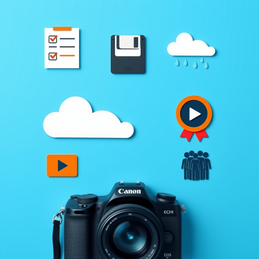 Create an image with a minimalist design featuring icons: a checklist, floppy disk, camera, smartphone, clouds, rain, play button, award ribbon, and group of people, use a Canon EOS R camera, aperture f/2.8, ISO 100, 50mm lens, top-down view, vibrant blue color scheme for enhanced clarity and quality.