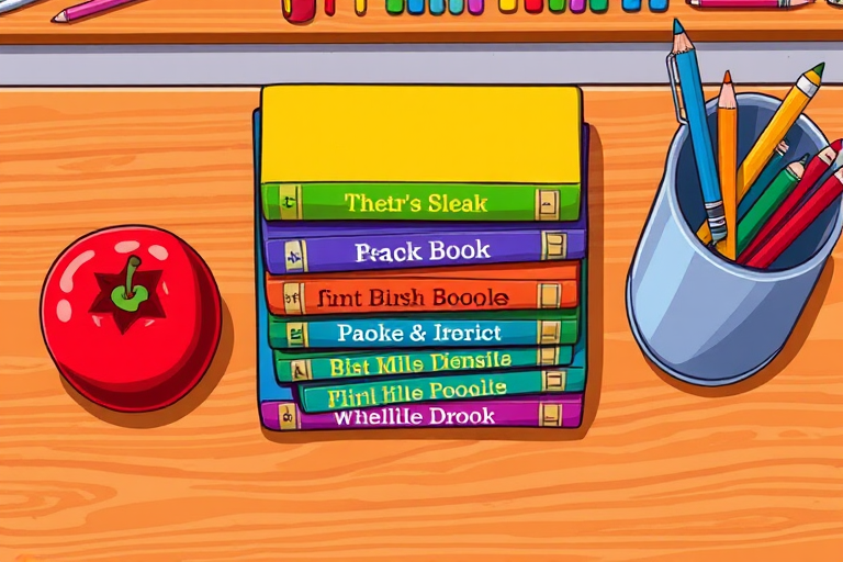 Create a colorful illustration of a stack of books with titles in bold letters, placed on a wooden table beside a red apple and a pencil holder, with a focus on vibrant colors and clear outlines, using a digital tablet, high-resolution setting, top-down view, and a cartoon style.