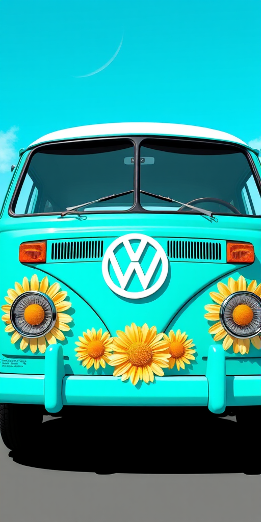 Create a vibrant, high-resolution illustration of a vintage VW van painted in bright turquoise, featuring large yellow and white daisies with a peace sign, set against a clear blue sky, using a digital art style; camera settings: f/8 aperture, ISO 100, 24mm lens, shot from a frontal view to emphasize the van's details.