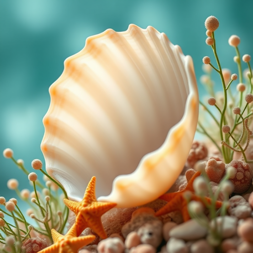 Create a high-resolution digital painting of a large seashell surrounded by soft ocean plants and small starfish, using a Canon EOS R5 with a 50mm f/1.2 lens, with settings at ISO 100, f/2.8, and a soft focus background for a dreamy effect.