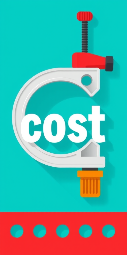 Create a modern flat design illustration of a clamp with the word "cost" prominently displayed in a bold, stylized font, on a vibrant turquoise background, using a Canon EOS R5 camera, 50mm lens, f/2.8 aperture, ISO 100, and a centered composition for optimal clarity.