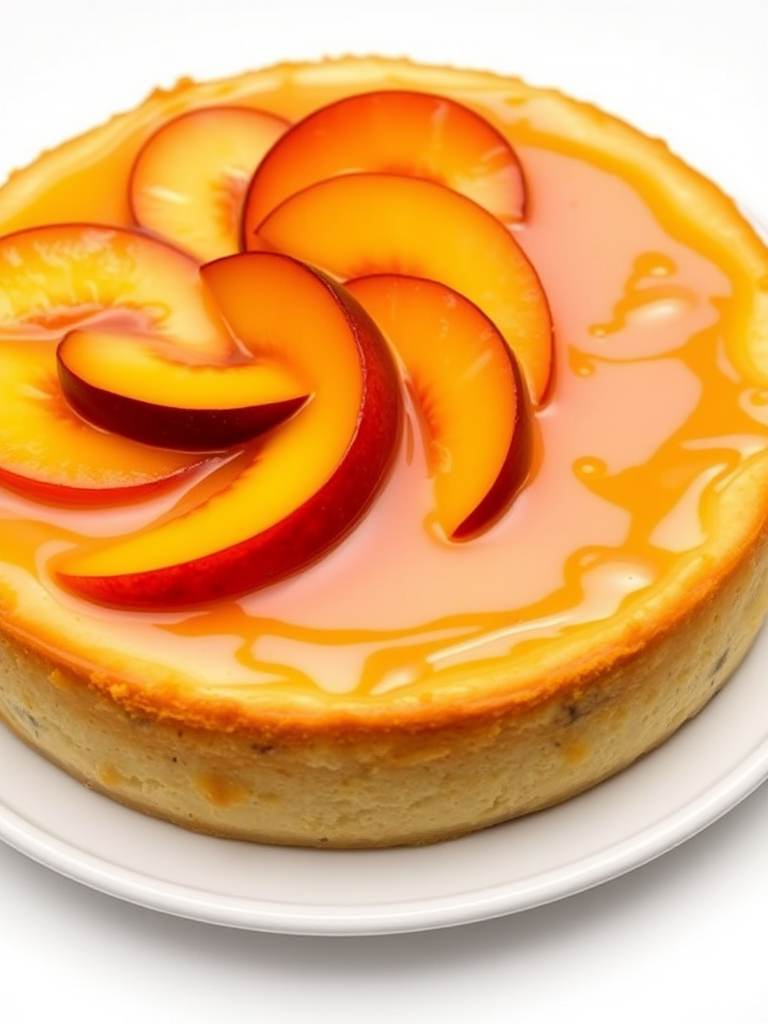 Create an image of a delicious fruit cheesecake with a golden crust topped with slices of peaches and a glossy fruit glaze. The cheesecake should be round and presented on a white plate against a simple background, highlighting its vibrant colors and textures.